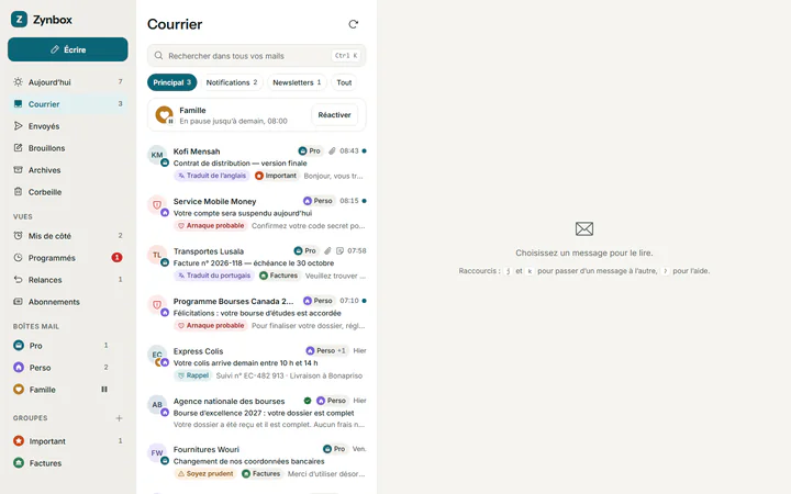 Zynbox sur ordinateur : boîtes Pro, Perso et Famille, groupes Important et Factures, liste des messages.