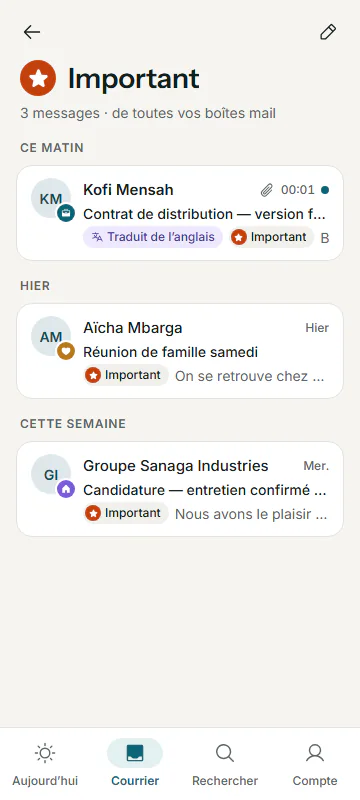 Le groupe « Important » : trois messages venus de trois boîtes différentes.