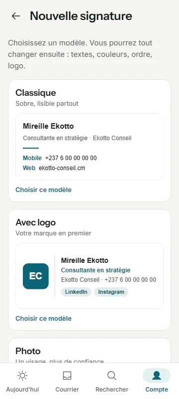 La galerie des modèles de signature : Classique, Avec logo, Photo, Bandeau, Carte de visite, Minimaliste, Élégante et Compacte.